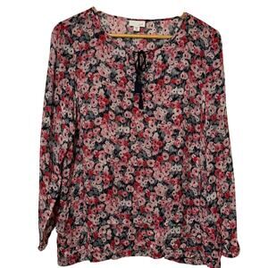 J.Jill Medium Petite Floral Chiffon Tie Neck Blouse
